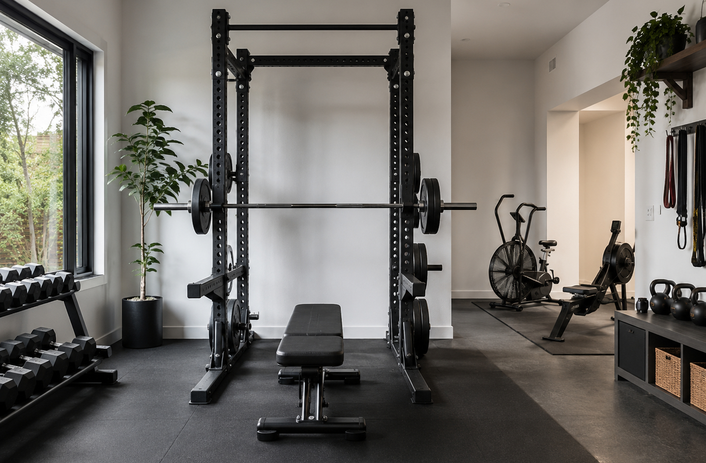 A 10x12 home gym layout featuring a central power rack with adjustable bench, exercise bike, and rowing machine arranged in a minimalist, brightly lit room