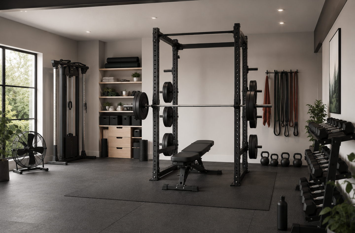 A home gym cable machine and pulley system for home gym use, positioned alongside a squat rack on rubber flooring with a wall-mounted pegboard for training attachments.