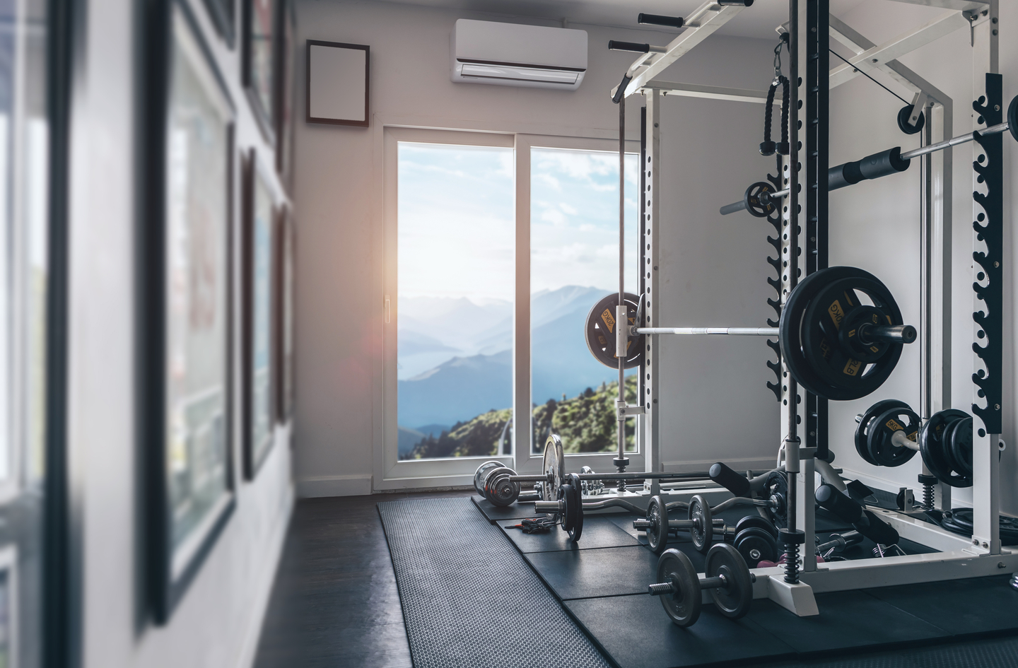 Weight set for home gym - loaded power rack with barbell and weight plates on a rubber floor mat, with glass sliding doors opening to a mountain view