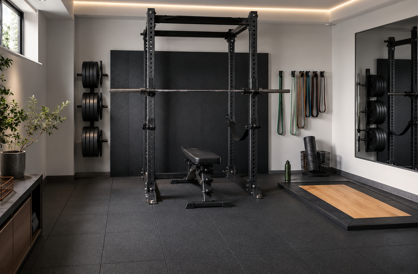 Modern home gym with weight rack, bench, wall-mounted plates, and floor-to-ceiling windows showing a well-planned layout with clear walking paths and organized storage