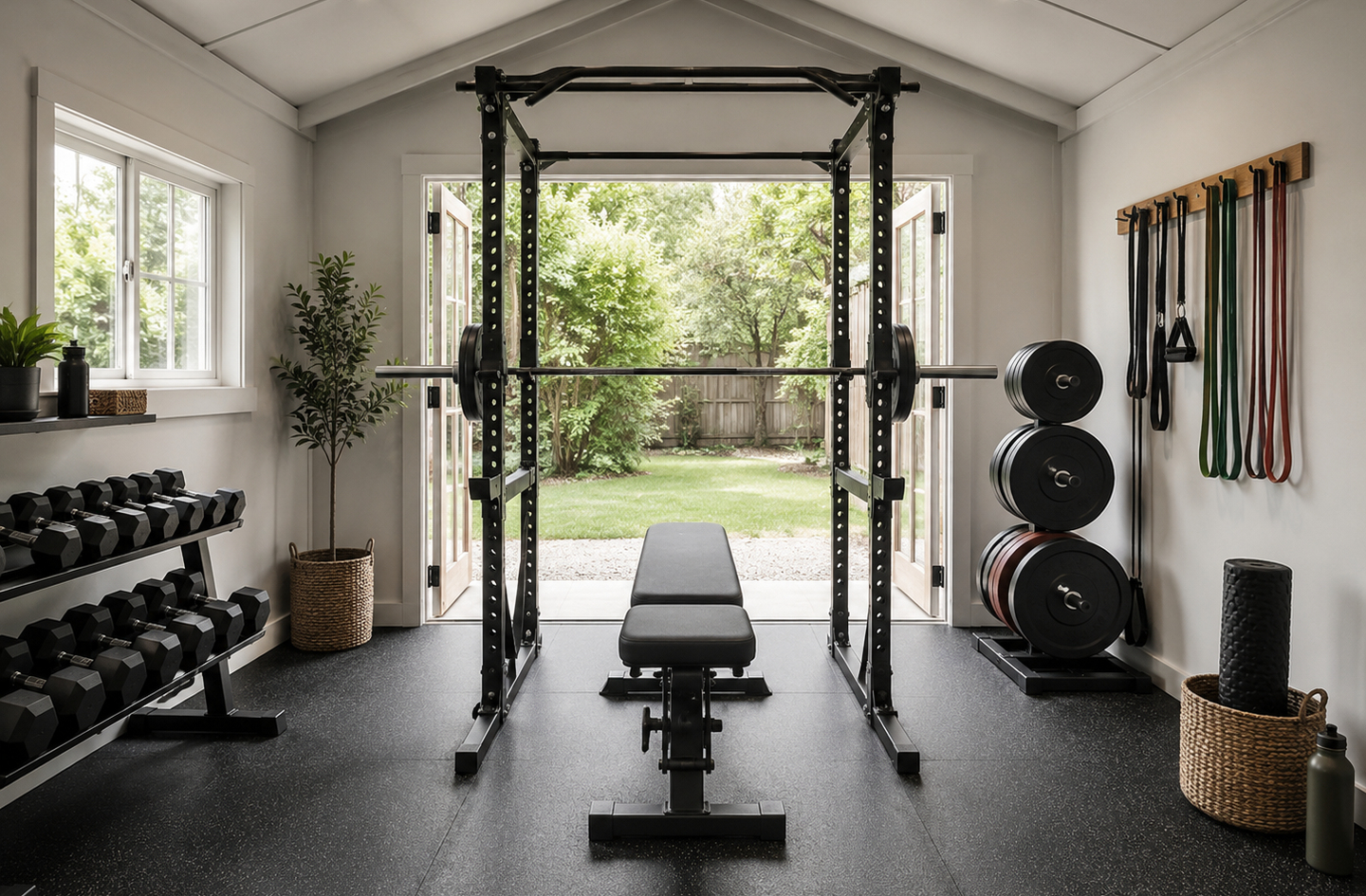 well-organized home gym layout with clear walking paths around a central power rack and bench, dumbbell storage at the left wall, and plate storage at the right