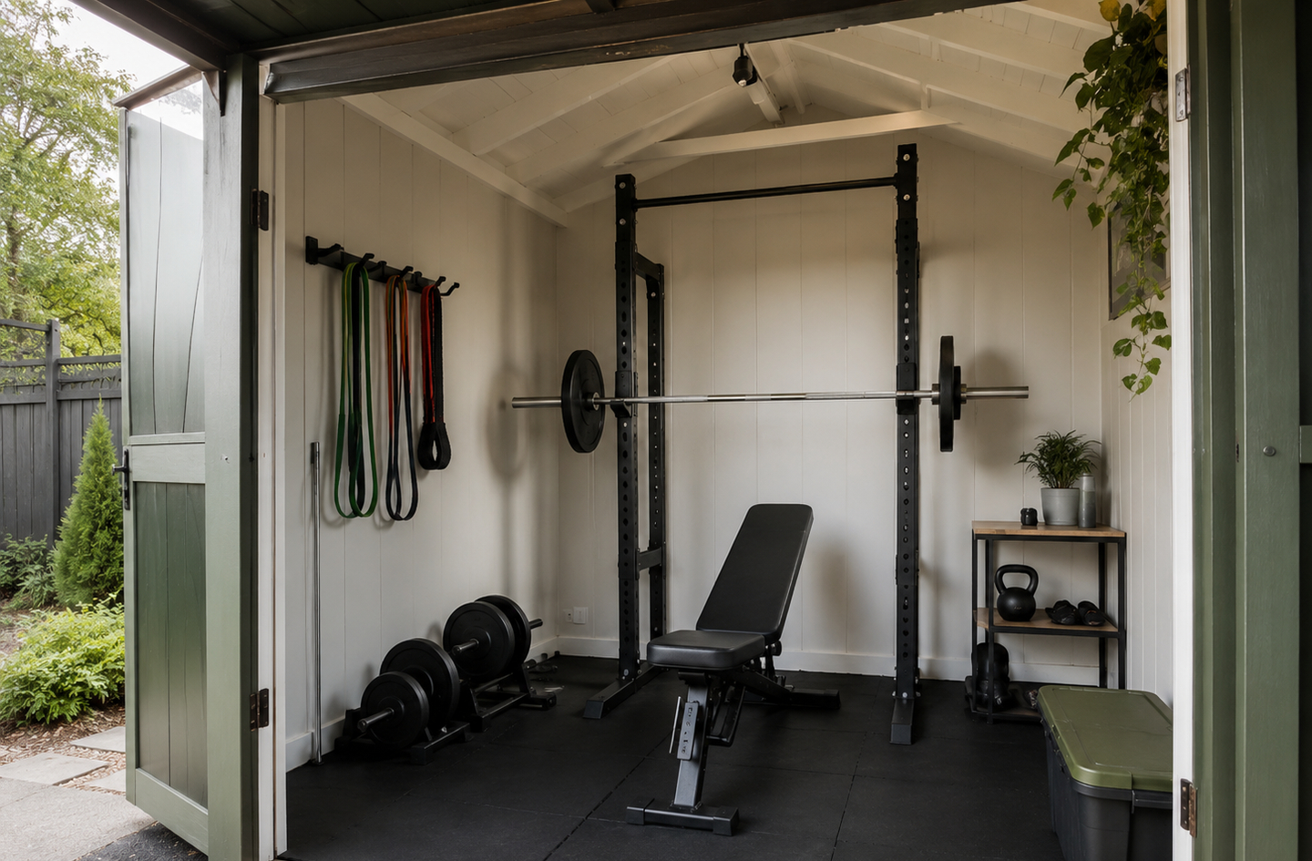 A small white-walled shed converted to a home gym featuring a squat rack, adjustable weight bench, wall-mounted resistance band storage, and rubber floor matting