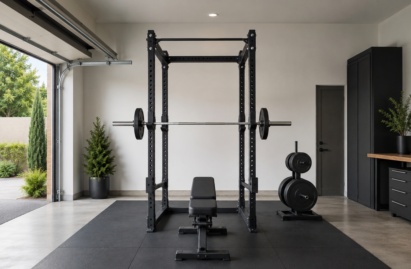Garage home gym with a central power rack, barbell and weight plates, adjustable bench, and plate rack on a concrete floor with an open garage door