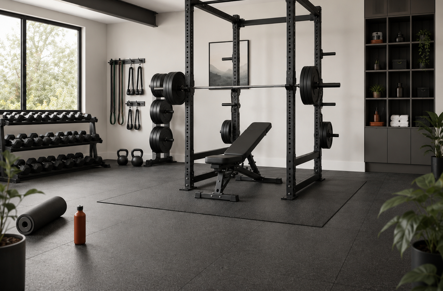 A well-organized workout room layout featuring a central power rack with bench, surrounding dumbbell and kettlebell storage racks, a dark rubberized floor, and a large window providing natural light.