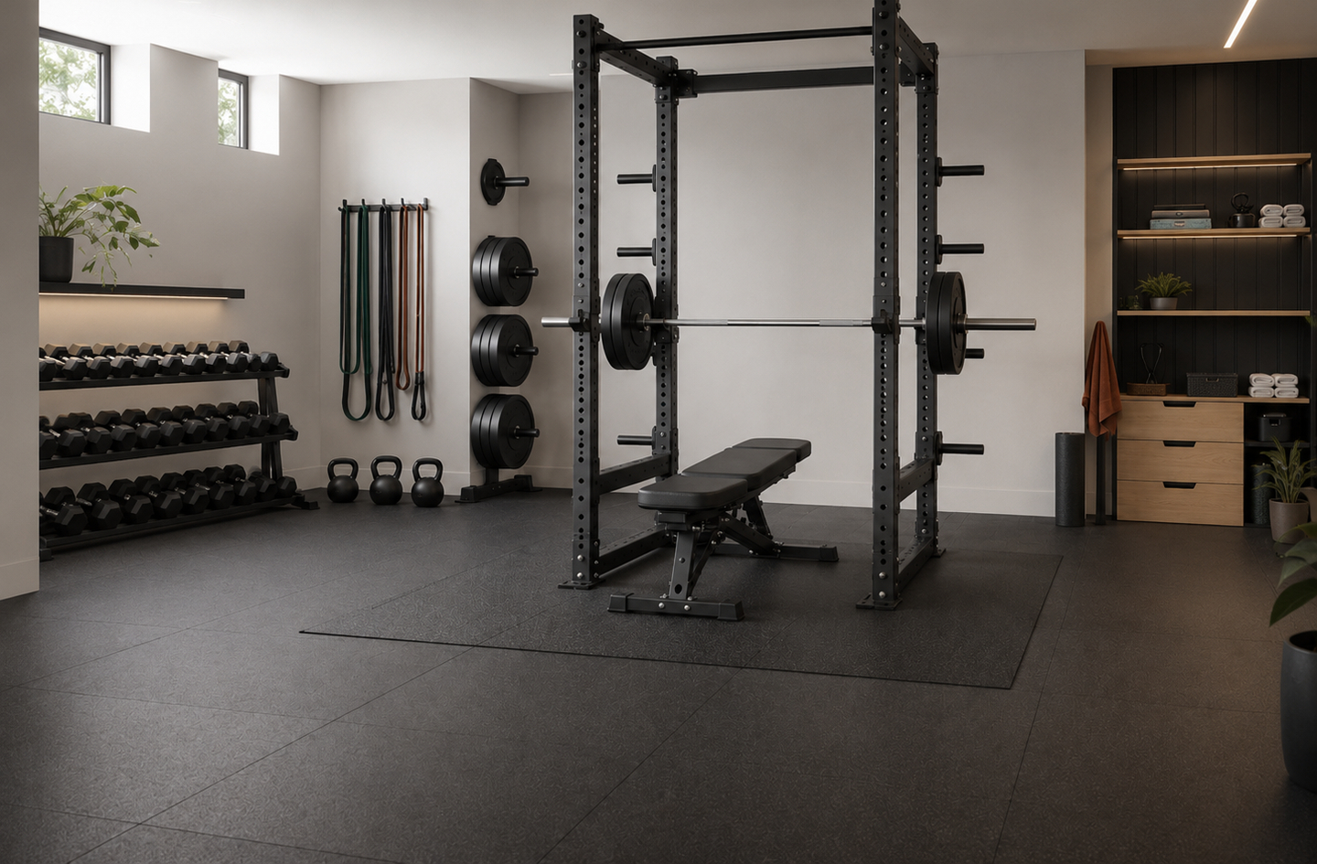 A home gym squat rack with barbell and bench on a rubber mat, with wall-mounted weight storage and wooden shelving showing organized vertical storage in a compact space