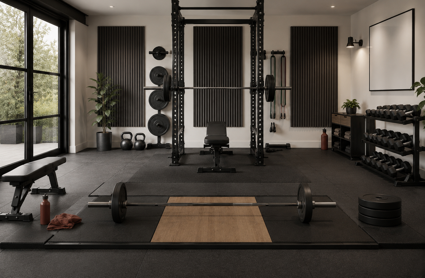 Home gym strength zone with central power rack, bench, organized weight plate storage racks, and a wood-inlaid lifting platform on dark rubber flooring