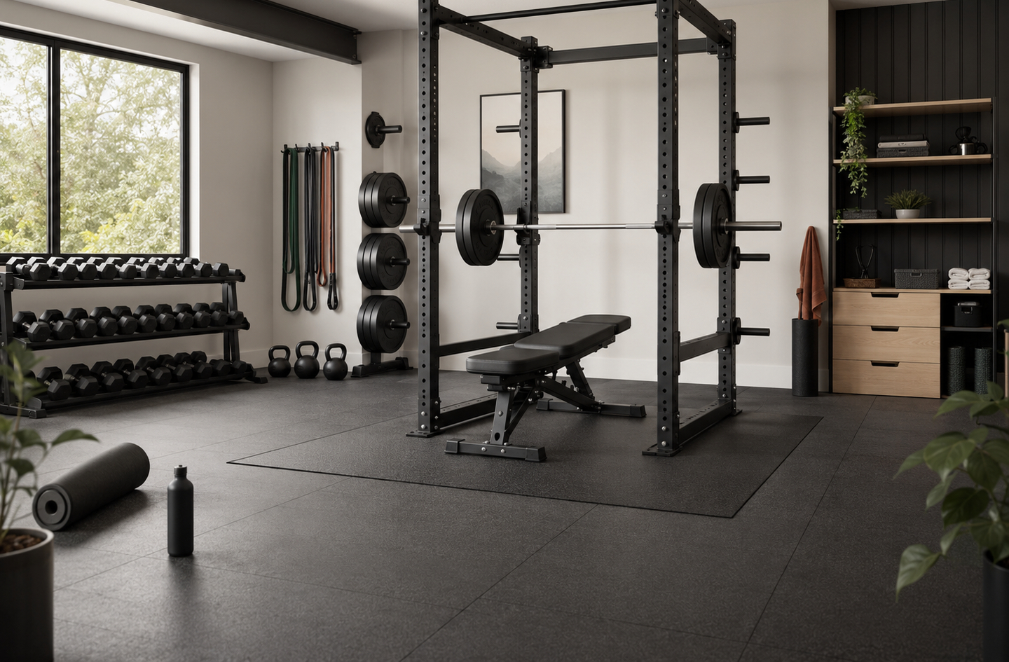 spacious home gym with squat rack and bench centered, organized dumbbell racks and kettlebell storage along the perimeter walls, with clear floor space throughout