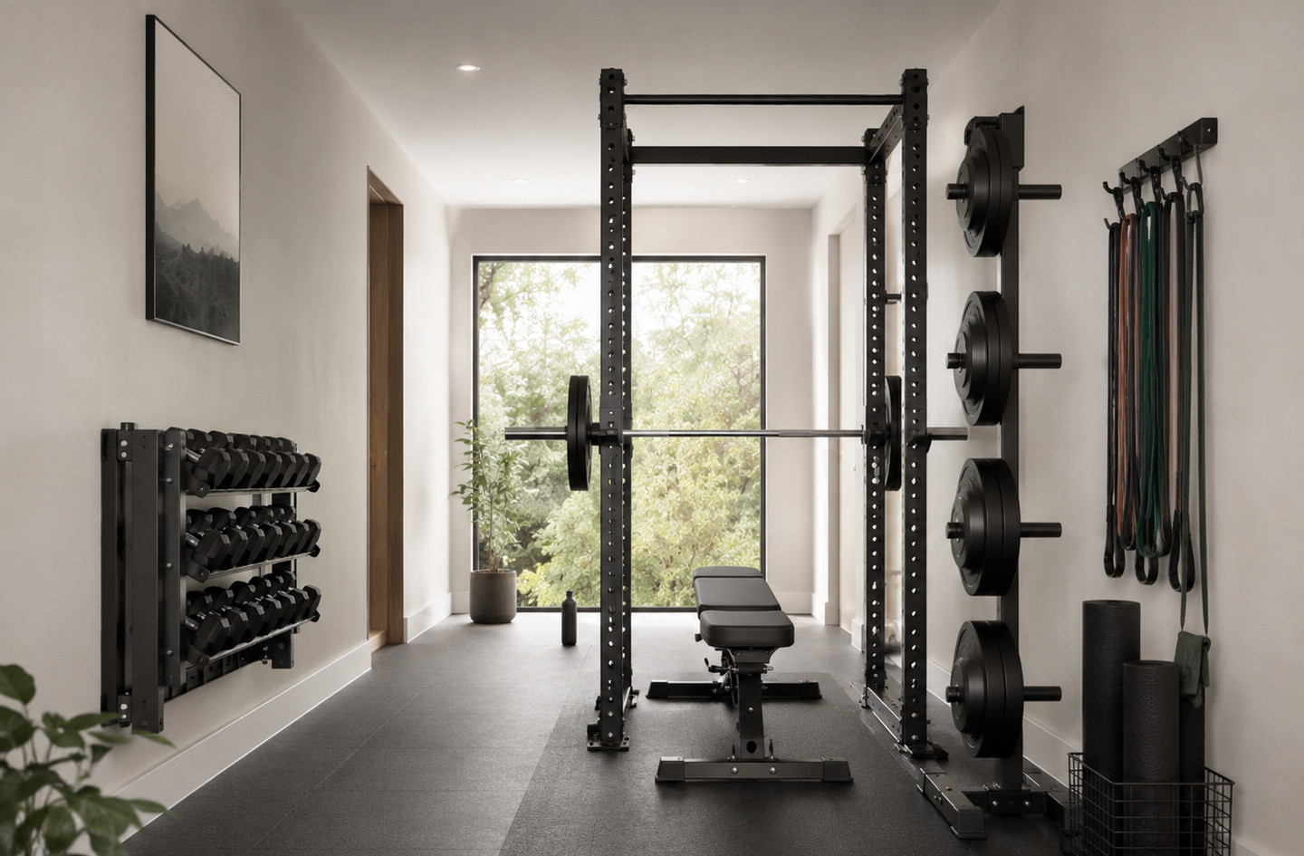 Narrow home gym hallway with a central weight rack, bench, wall-mounted dumbbell storage, and hanging resistance bands bathed in natural light