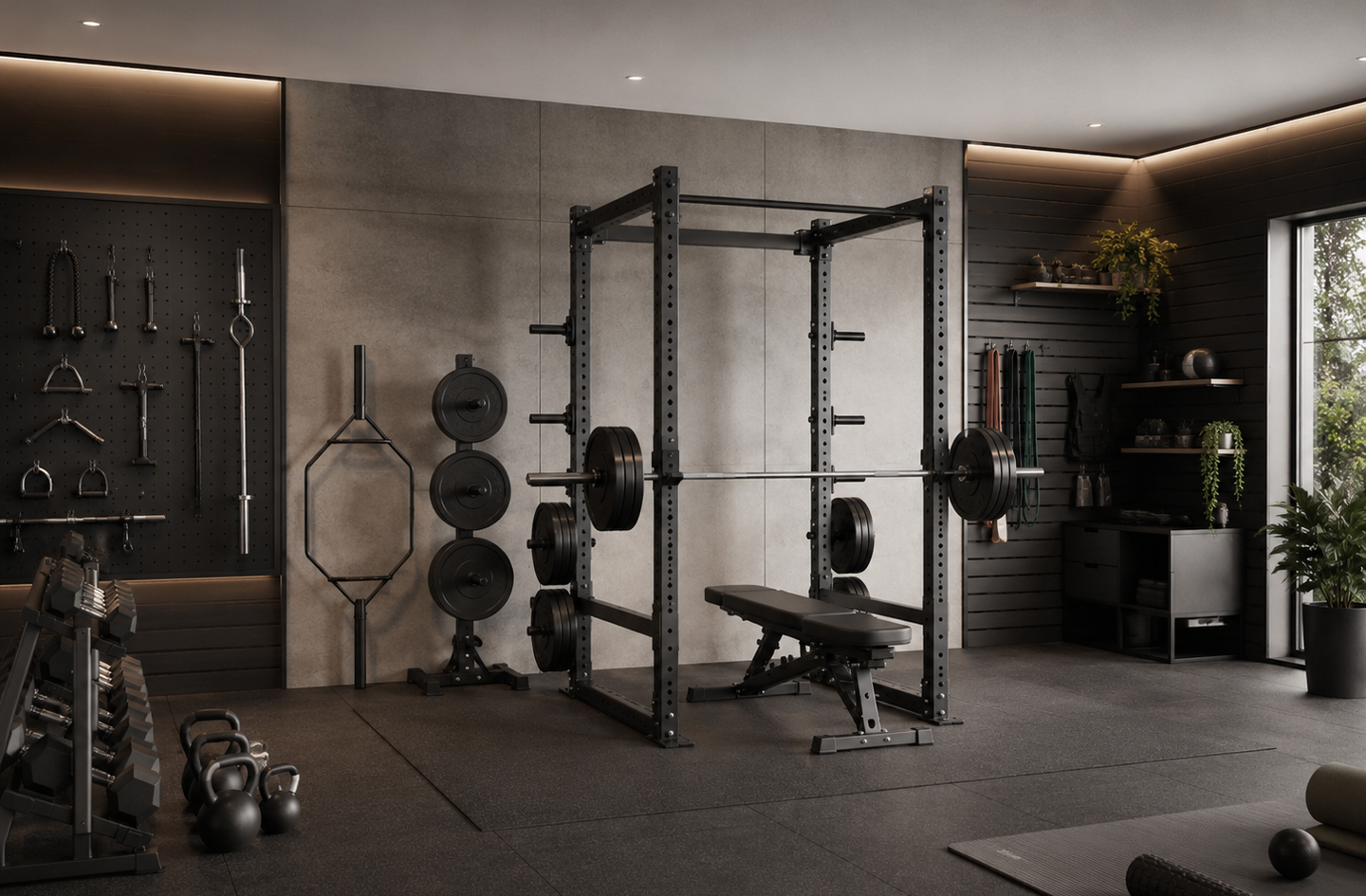 A modern home gym with a central power rack, loaded barbell, and bench surrounded by organized weights and fitness equipment in a well-planned space.