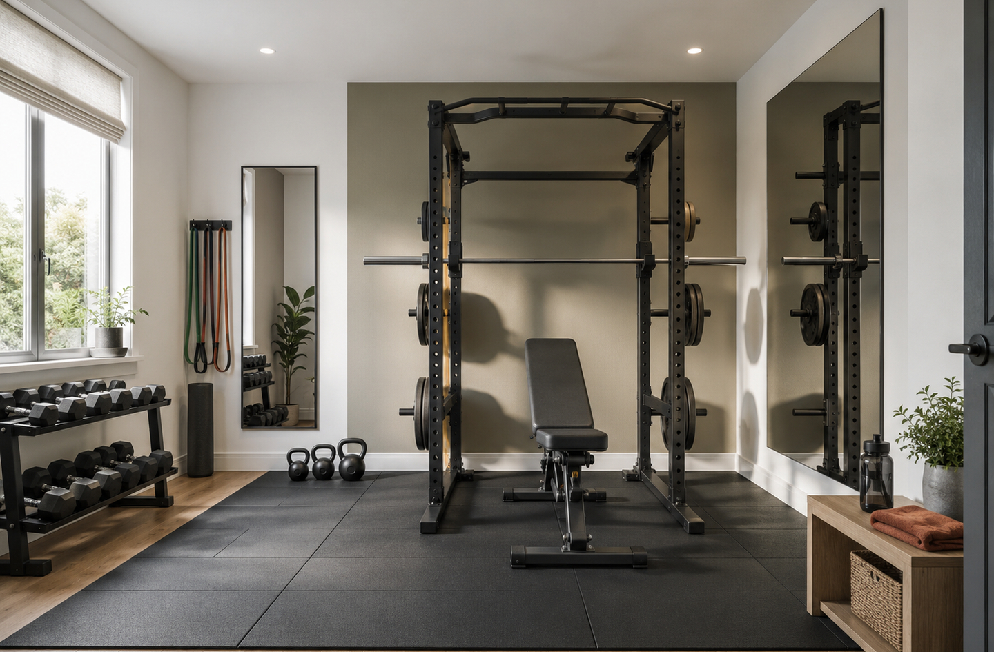 Rubber gym mats covering the floor of a modern home gym with a squat rack, adjustable bench, dumbbell rack, and floor-to-ceiling mirror.