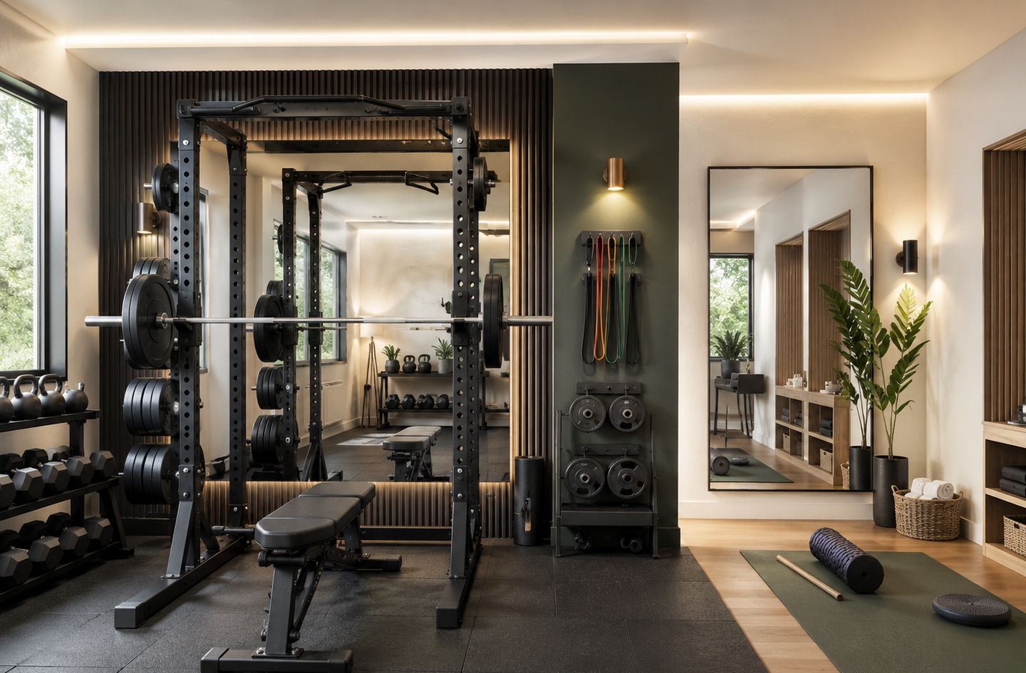 A home gym showing a squat rack and barbell in the strength zone against a mirrored wall, with a separate area on the right wall holding exercise bands, a yoga mat, and a foam roller for mobility work.