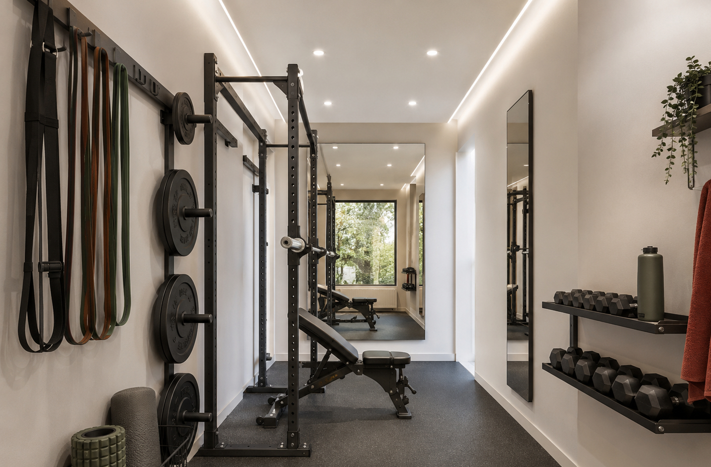 Small home gym layout in a narrow room featuring a black power rack, adjustable bench, wall-mounted dumbbell storage, and a full-length mirror