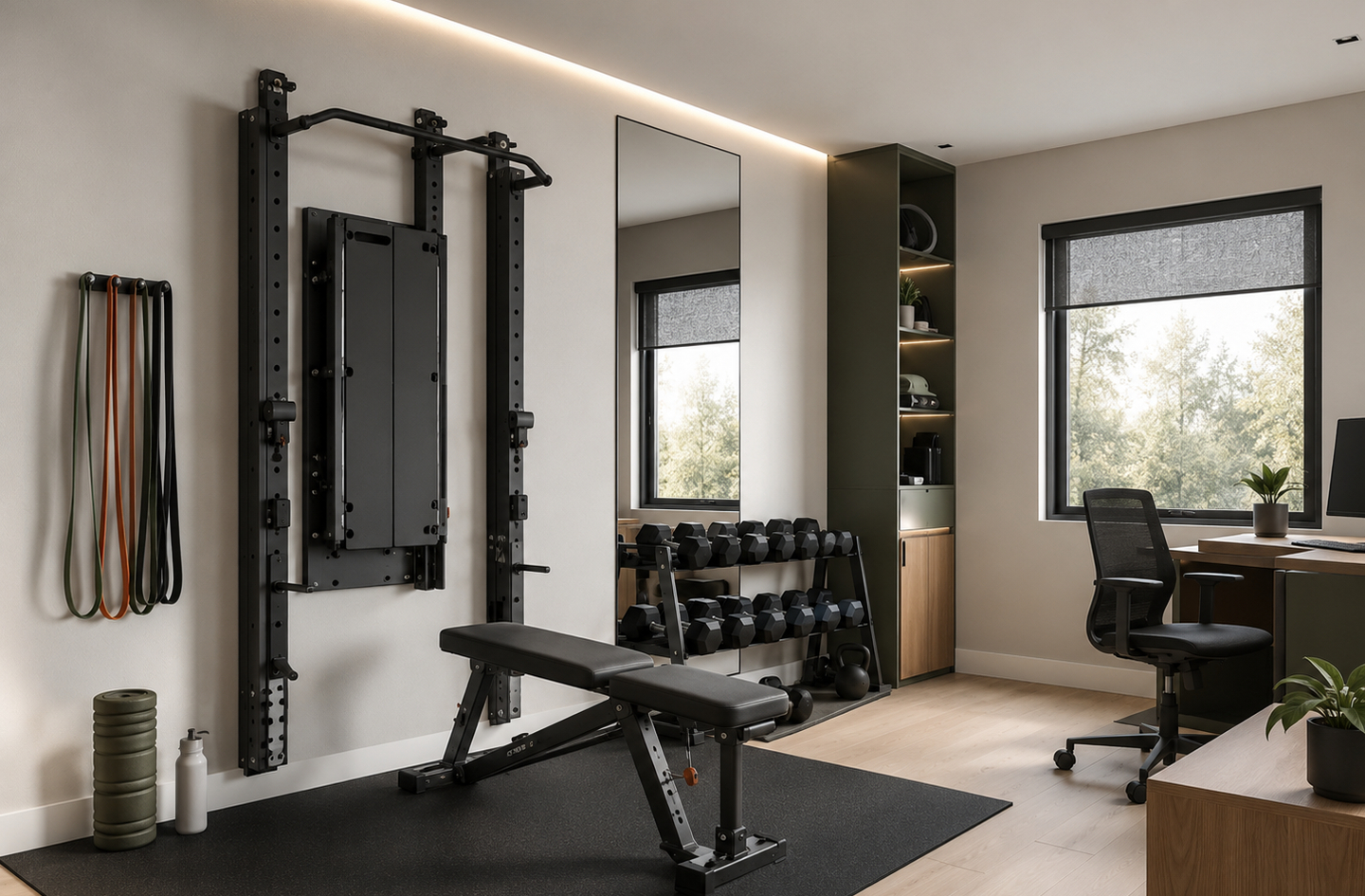 Wall-mounted squat rack in a home gym adjacent to a home office, showing how the folding configuration frees floor space between sessions