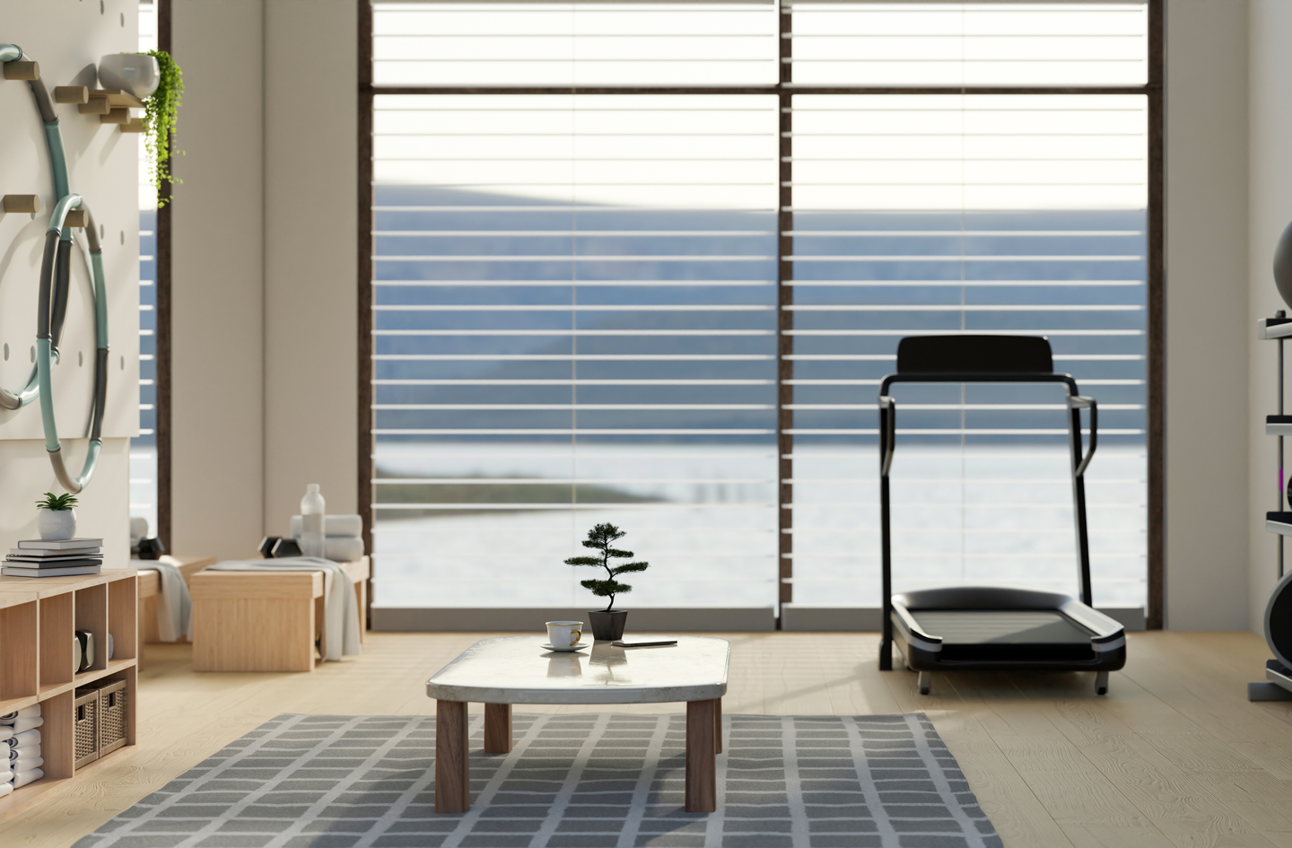 A folding treadmill positioned in a minimalist home gym facing a large window, with clear space behind and beside the machine for safe treadmill folding and use.