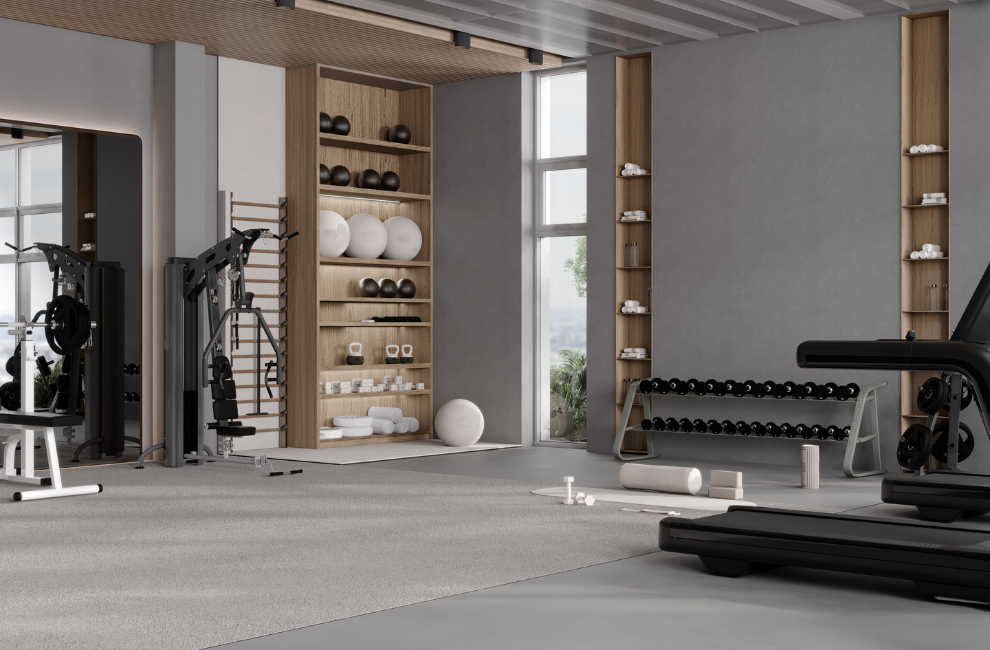 A modern home gym with a treadmill, weight rack, and organized storage shelving arranged with adequate space and separation between zones.