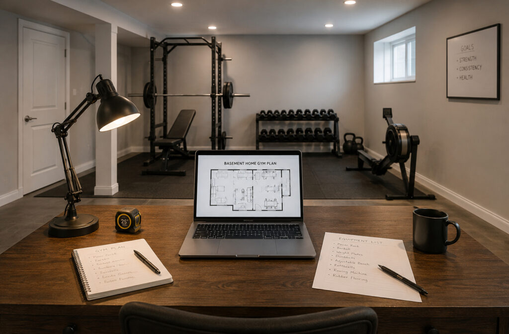 Basement Gym Layout Around Beams, Columns, Ducts, and Utilities