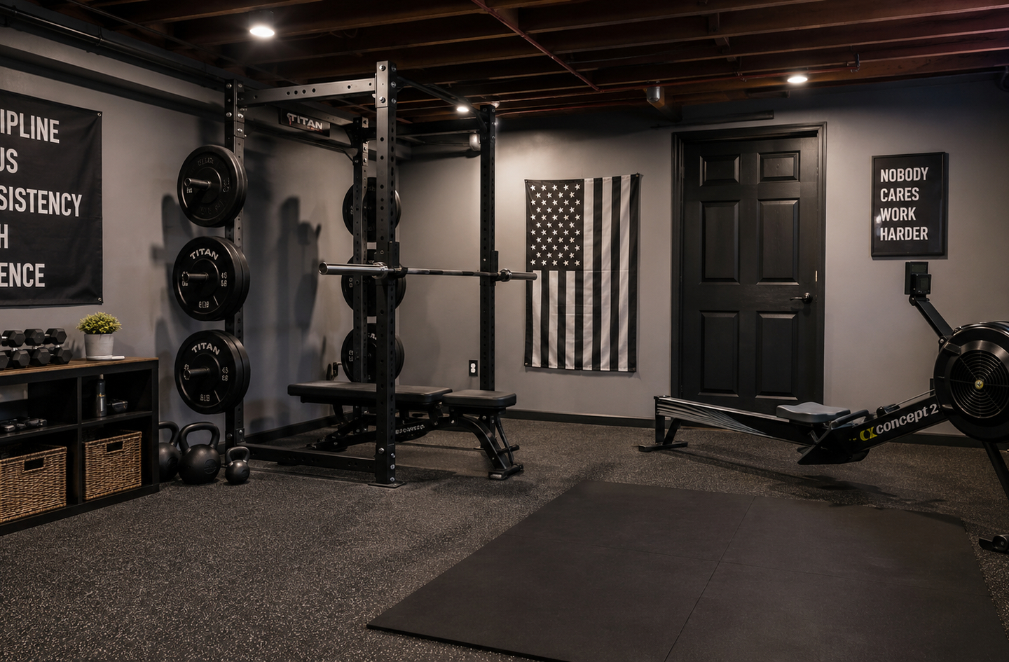 A compact squat rack with barbell and bench on black rubber mat in a basement home gym.