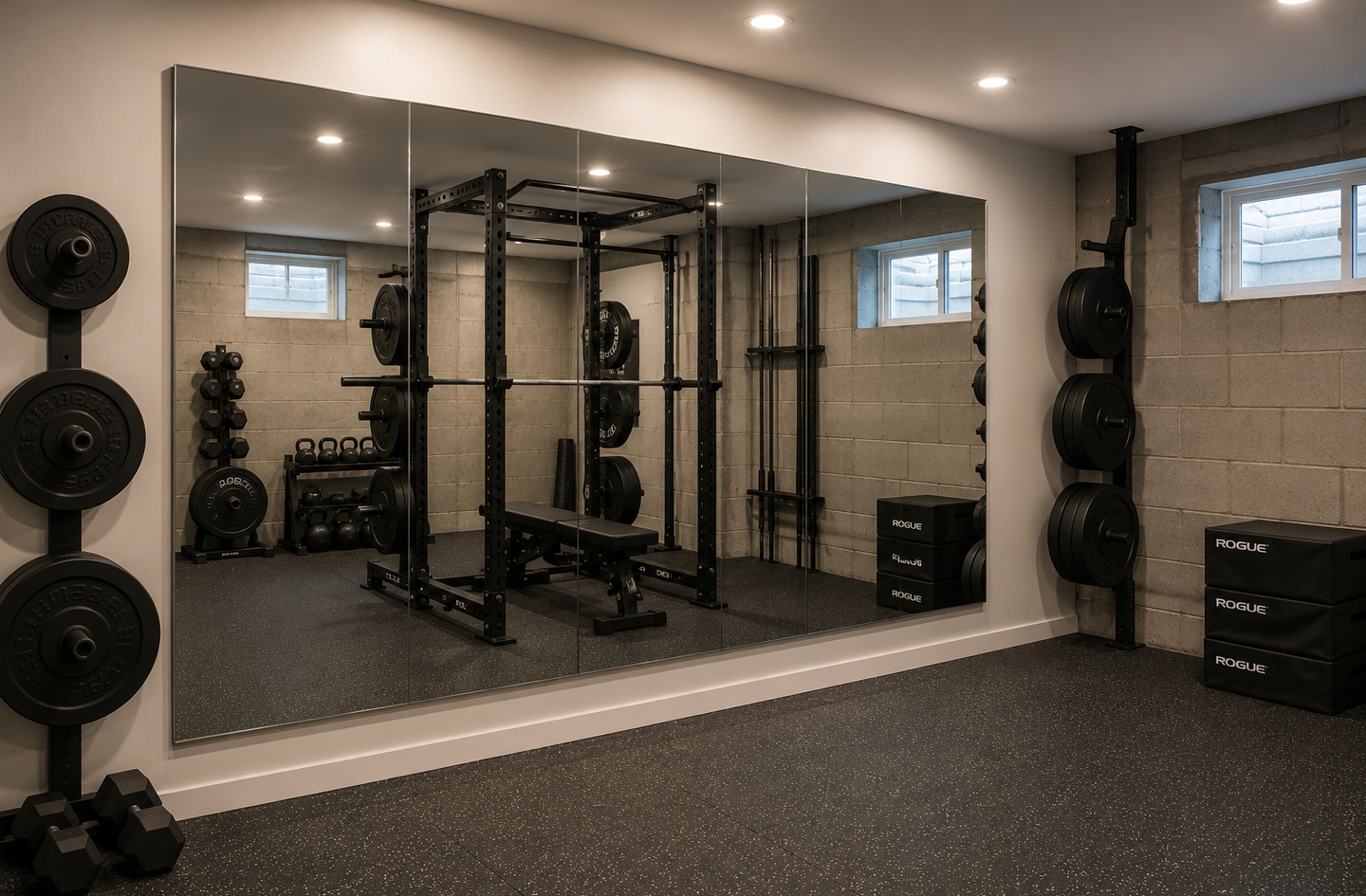 Home gym mirror mounted on industrial-style concrete block walls with Rogue power rack, kettlebells, and wall-mounted weight plate storage in front