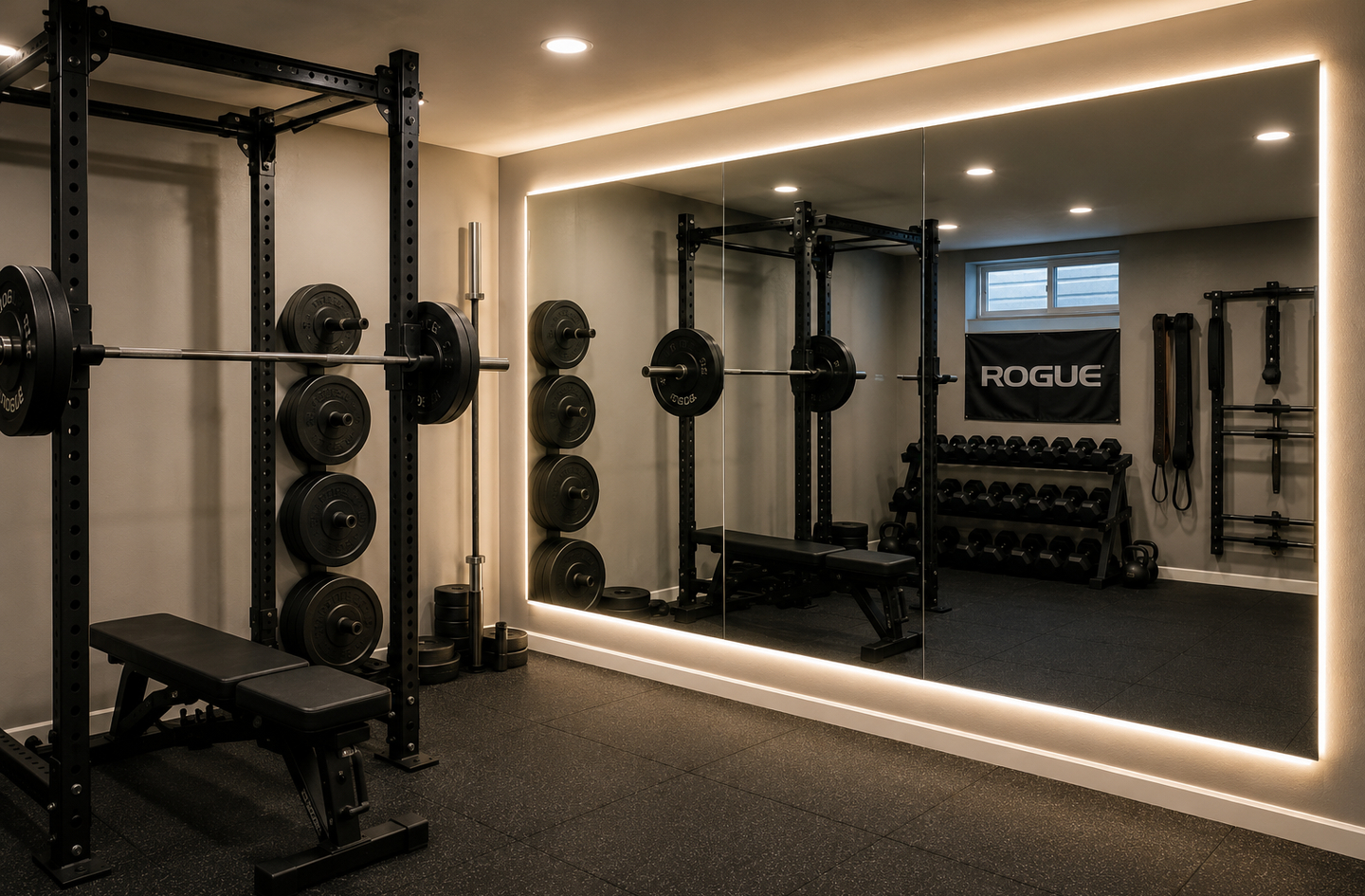 Home gym lighting ideas in action: warm recessed ceiling lights and a perimeter LED strip around the mirror illuminate a squat rack, weight bench, and dumbbell rack in a well-planned training space.