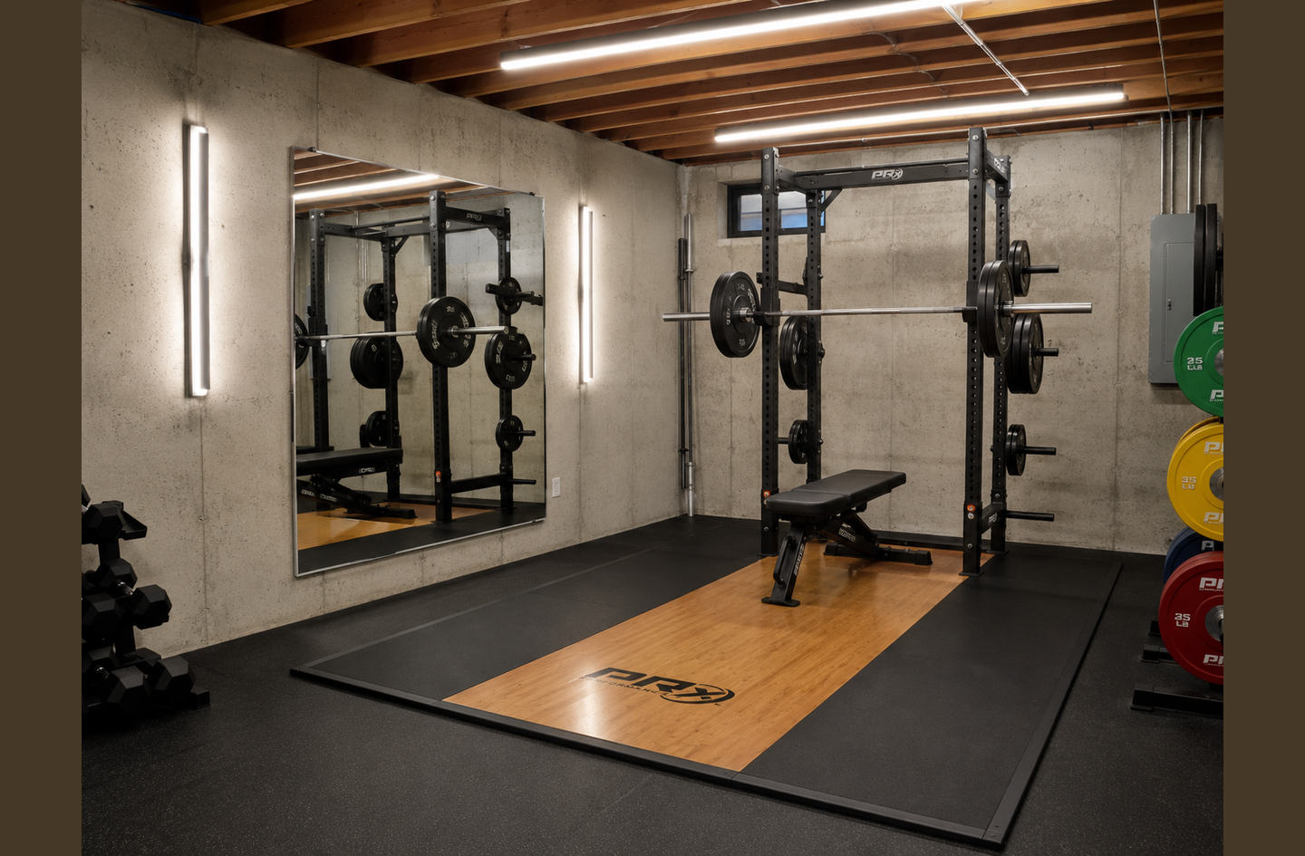 Vertical LED light fixtures flanking a large wall mirror in a home gym with a power rack and rubber flooring, showing task lighting positioned beside the mirror rather than in front of it.