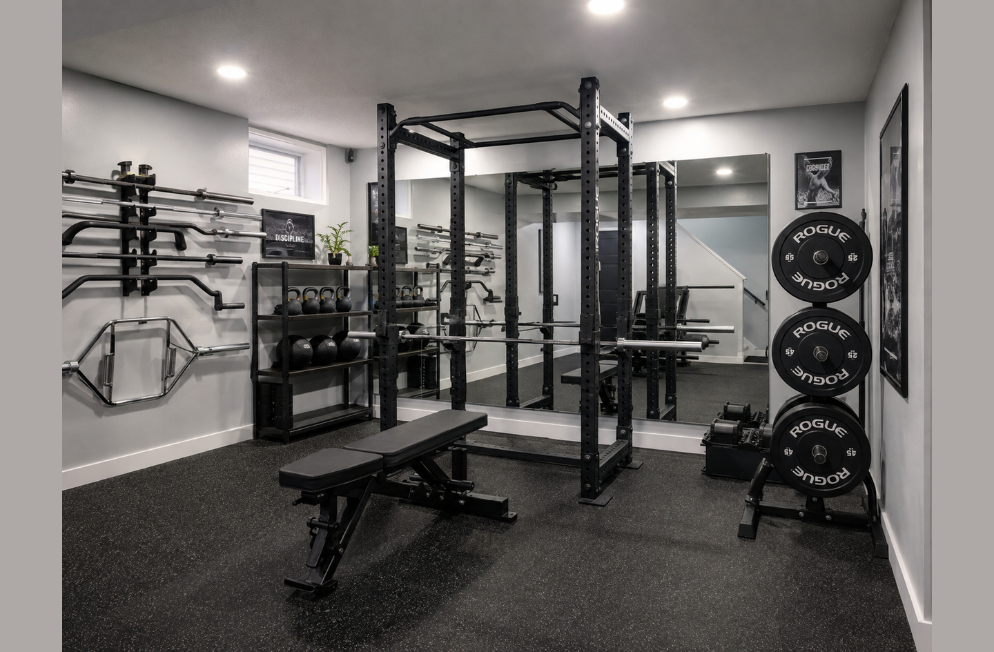 12x12 home gym layout with a central power rack, adjustable bench, vertical plate storage, and wall-mounted barbell racks