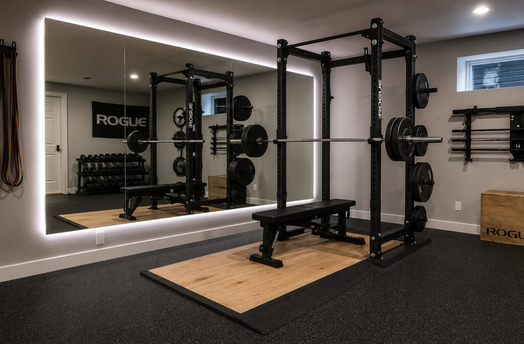 Home gym with wall-mounted mirror and LED perimeter lighting showing power rack on wood-inlaid lifting platform