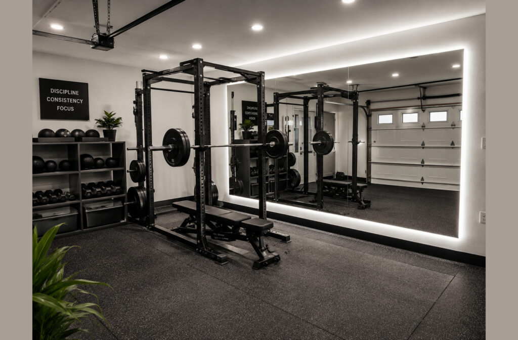 Garage gym mirrors installation with wall-spanning LED-backlit mirror reflecting garage door and weight rack on rubber floor