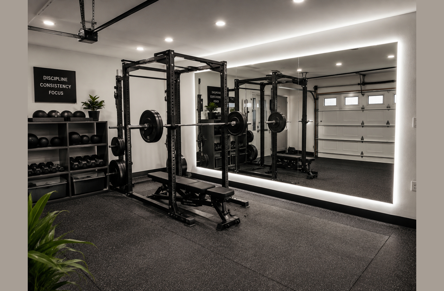 Garage gym mirrors installation with wall-spanning LED-backlit mirror reflecting garage door and weight rack on rubber floor