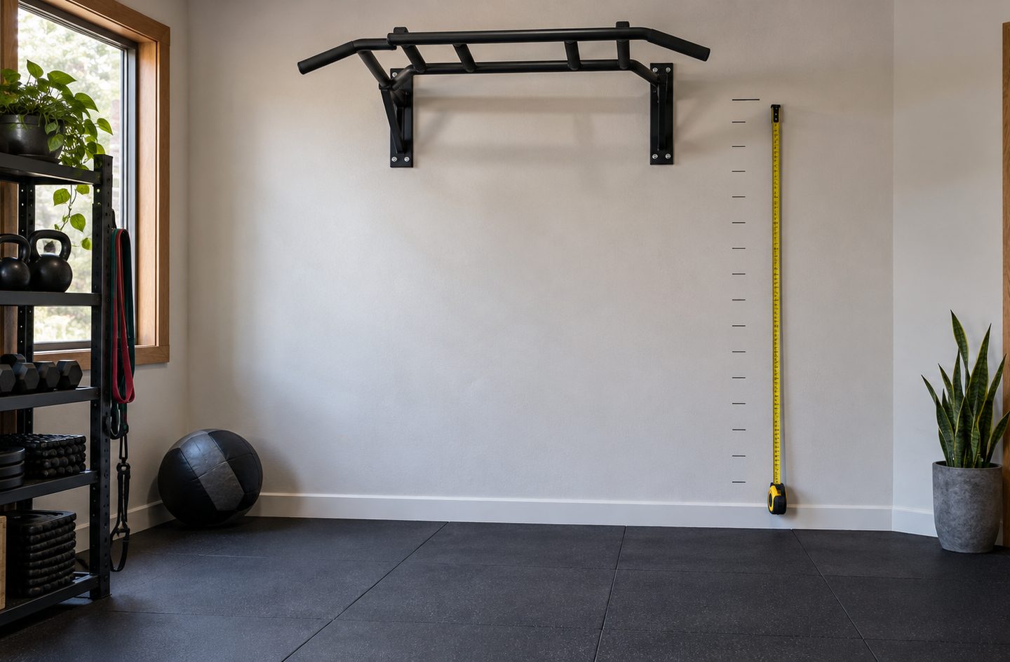 Wall-mounted pull-up bar above a measuring tape extended vertically in a home gym