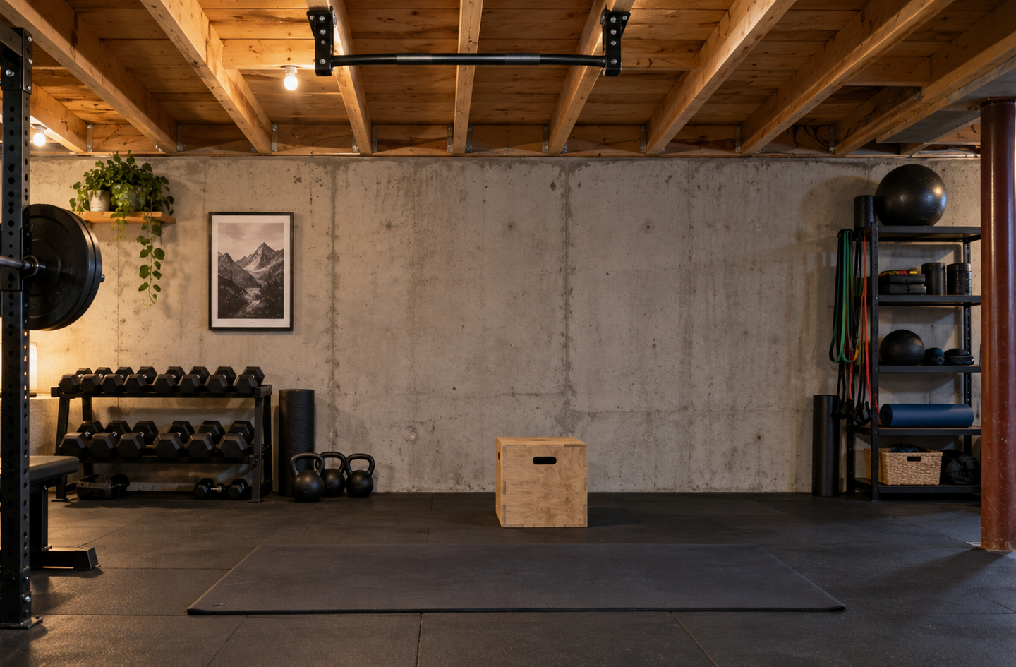 Pull-up bar mounted to exposed ceiling joists in a low-ceiling basement home gym