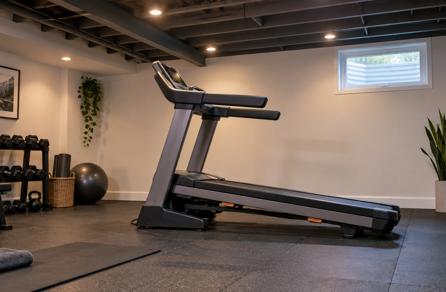 A low ceiling home gym with a treadmill in a finished basement showing exposed ceiling joists and the vertical clearance required for home gym equipment planning