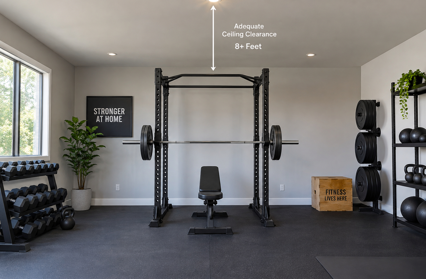 Power rack, weight bench, dumbbell rack, and wall-mounted plate storage in an organized home gym with clear floor space and ceiling clearance