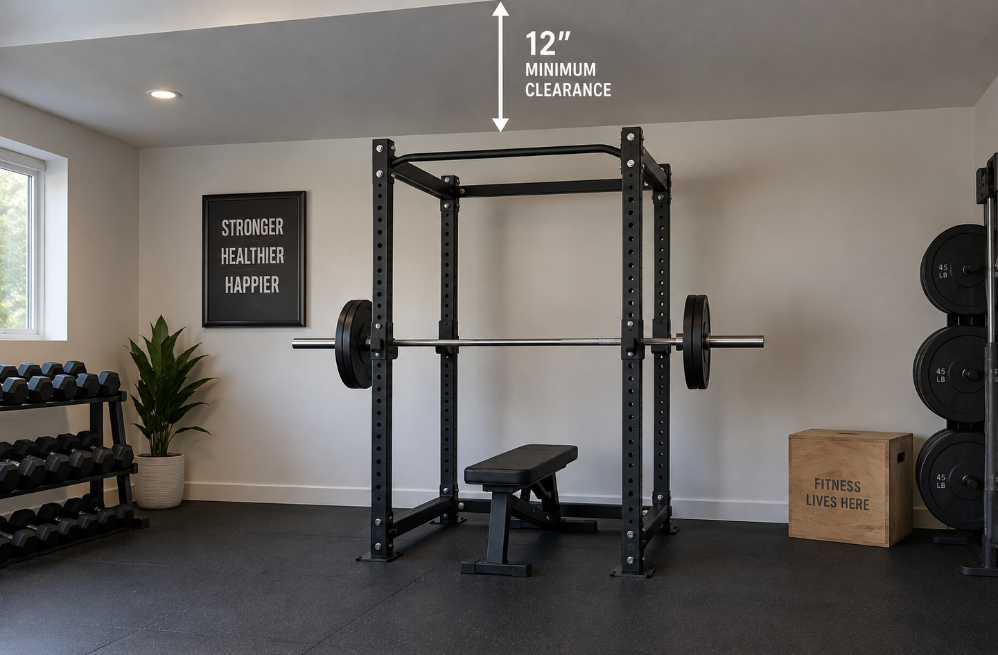 A black power rack in a home gym with a barbell and bench, showing a 12-inch minimum ceiling clearance indicator above the rack frame