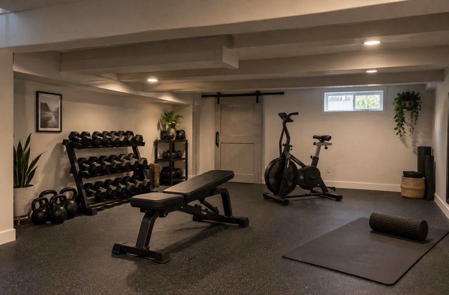 Low ceiling basement gym with weight bench, dumbbell rack, kettlebells, and exercise bike arranged under exposed ceiling beams