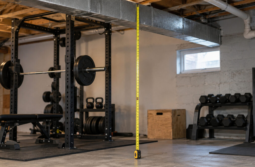 Measuring home gym ceiling clearance from the concrete floor to the bottom of a metal HVAC duct using a yellow tape measure, with a squat rack and barbell visible in the background