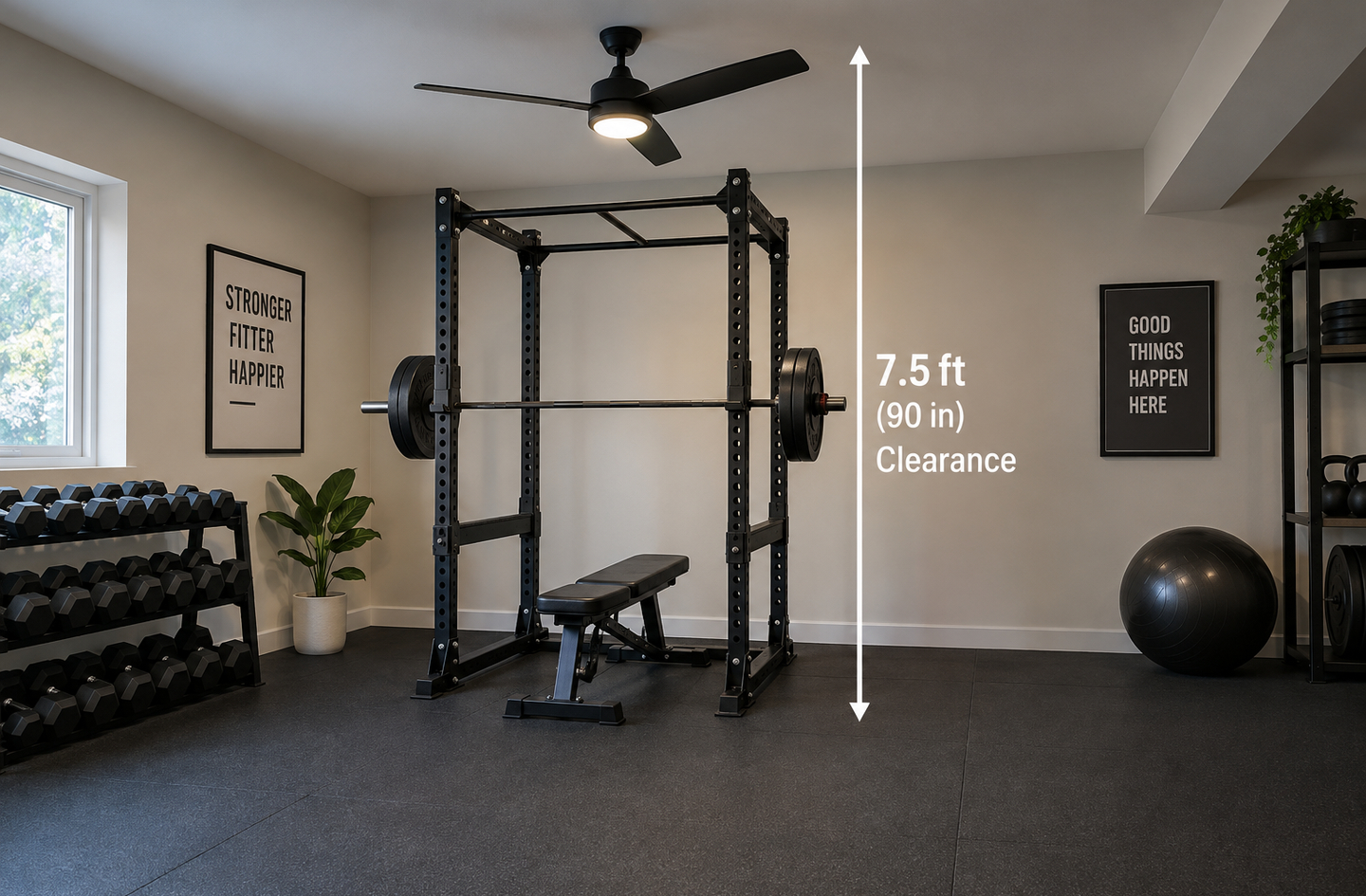 Power rack with barbell and bench in a home gym with a ceiling height of 7.5 feet showing the planned clearance around the equipment