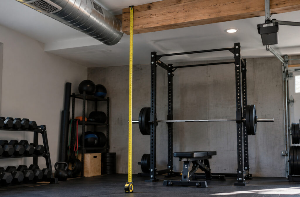 Tape measure extended from the floor to a wooden ceiling beam in a home gym to measure the exact vertical clearance available for a power rack installation.