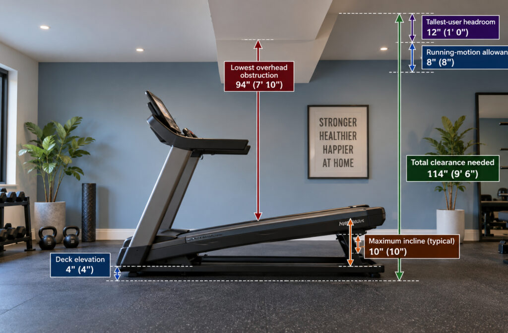 Diagram illustrating treadmill ceiling height components: deck elevation, maximum incline rise, user headroom, and running-motion allowance totaling 114 inches beneath the lowest overhead obstruction