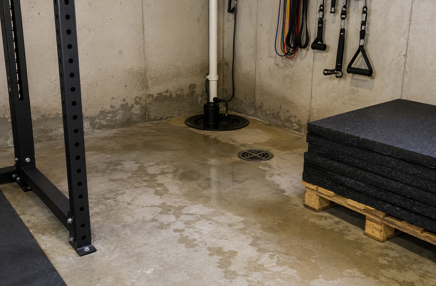 A basement home gym floor with visible moisture on the concrete near a sump pump and drain, beside a stack of rubber gym tiles on a pallet.