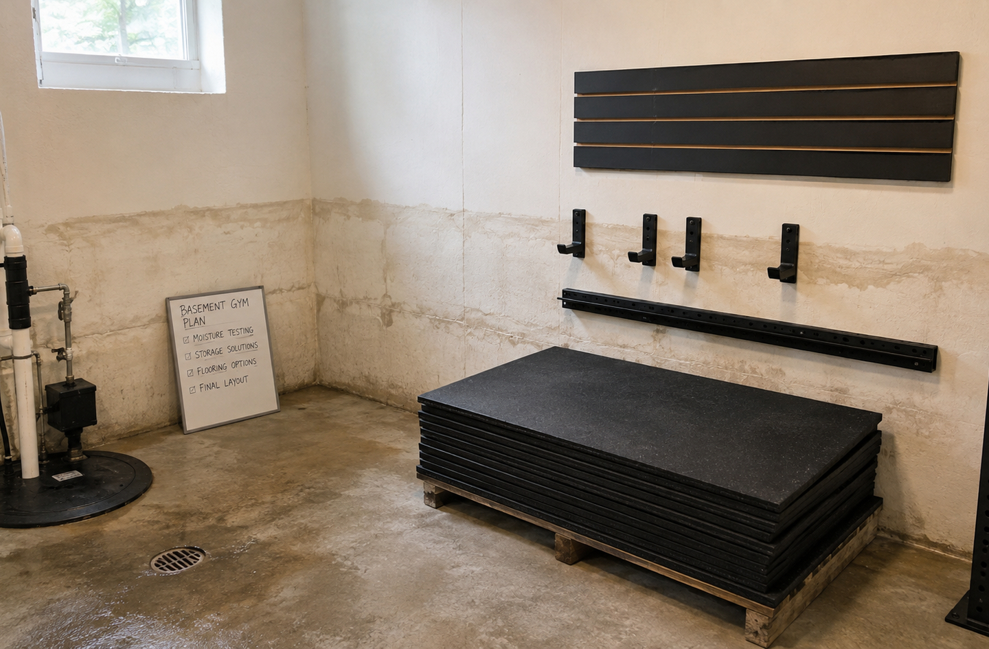 A stack of rubber gym flooring tiles on a wooden pallet in an unfinished basement, beside a whiteboard that outlines a basement home gym plan.