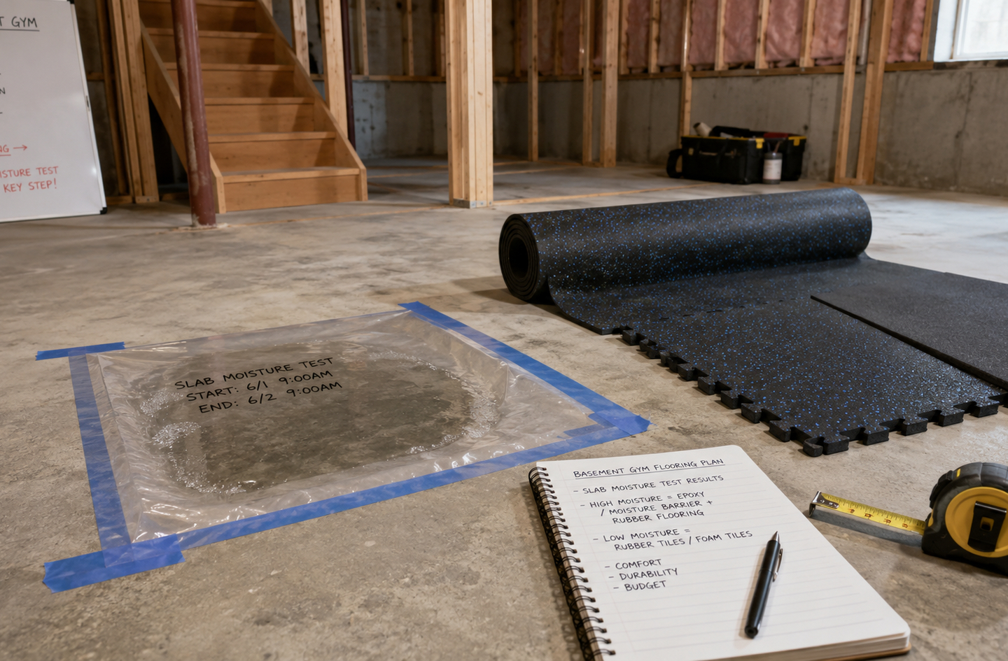 Basement home gym flooring preparation with a plastic sheet taped to the concrete slab for a moisture test beside a roll of rubber gym flooring