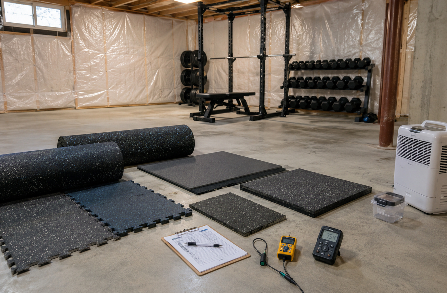 Unfinished basement gym prepared for moisture testing, with rubber floor mat samples, a clipboard, and a digital moisture meter on the concrete floor in front of a power rack and a dehumidifier