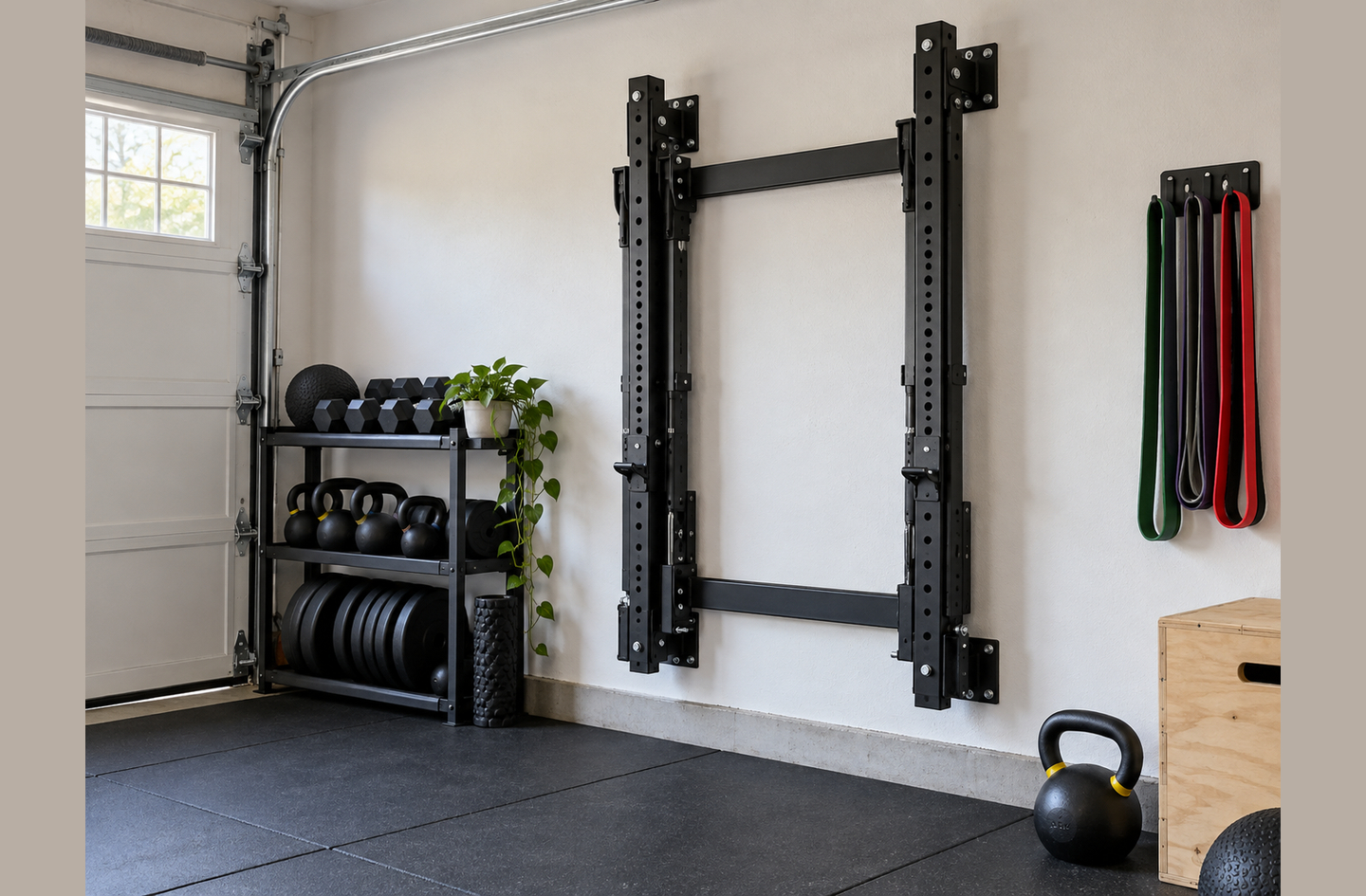 A wall-mounted folding squat rack folded flat against a garage wall beside an open garage door track, with a dumbbell and kettlebell shelf, resistance bands, a plyometric box and rubber flooring.