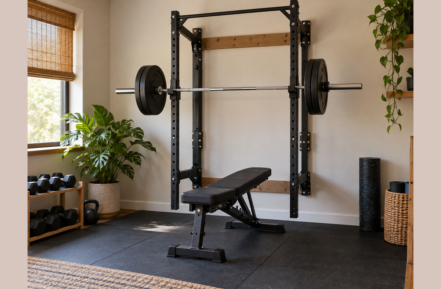 Wall-mounted folding squat rack holding a barbell with weights on its hooks, with a flat exercise bench centered between the uprights on dark rubber flooring