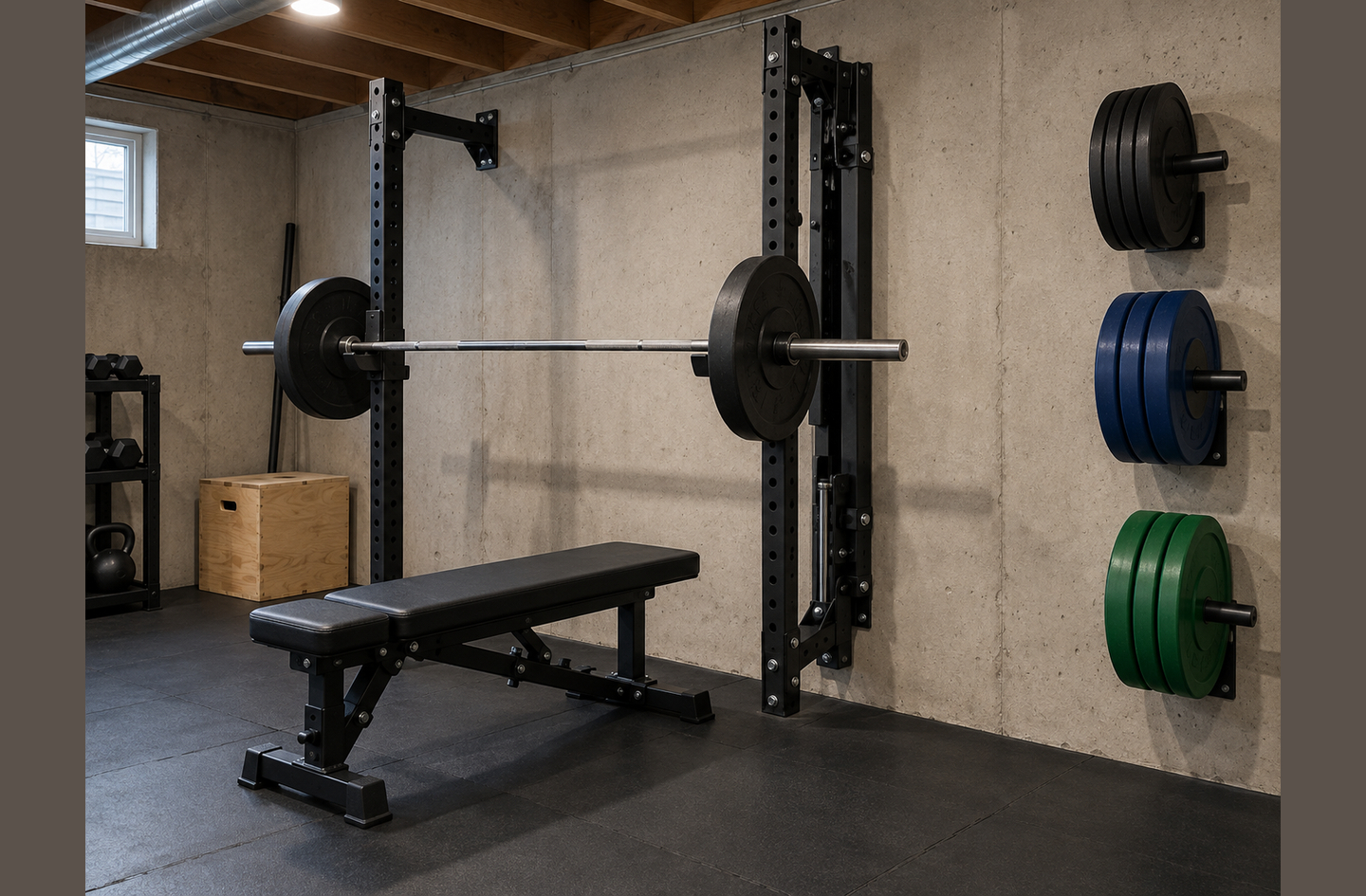 Folding squat rack for home gym use mounted to a bare concrete wall, with a loaded barbell resting on its J-hooks above a flat weight bench and colored bumper plates on wall pegs.