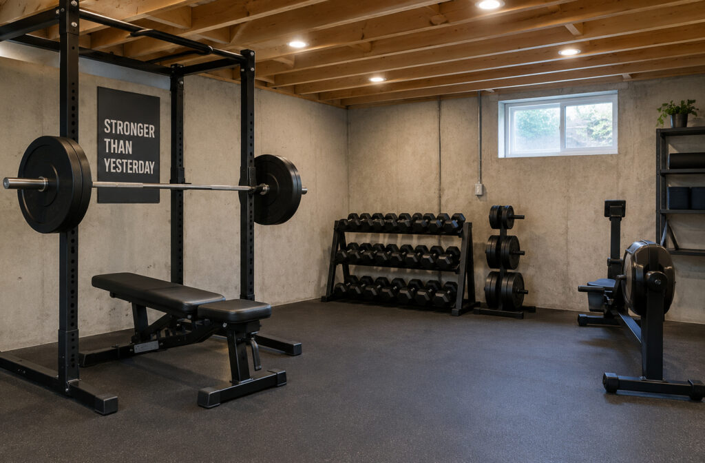 Basement gym planning example with a weight rack, adjustable bench, hex dumbbell rack, and rowing machine under an open wooden ceiling with recessed lights