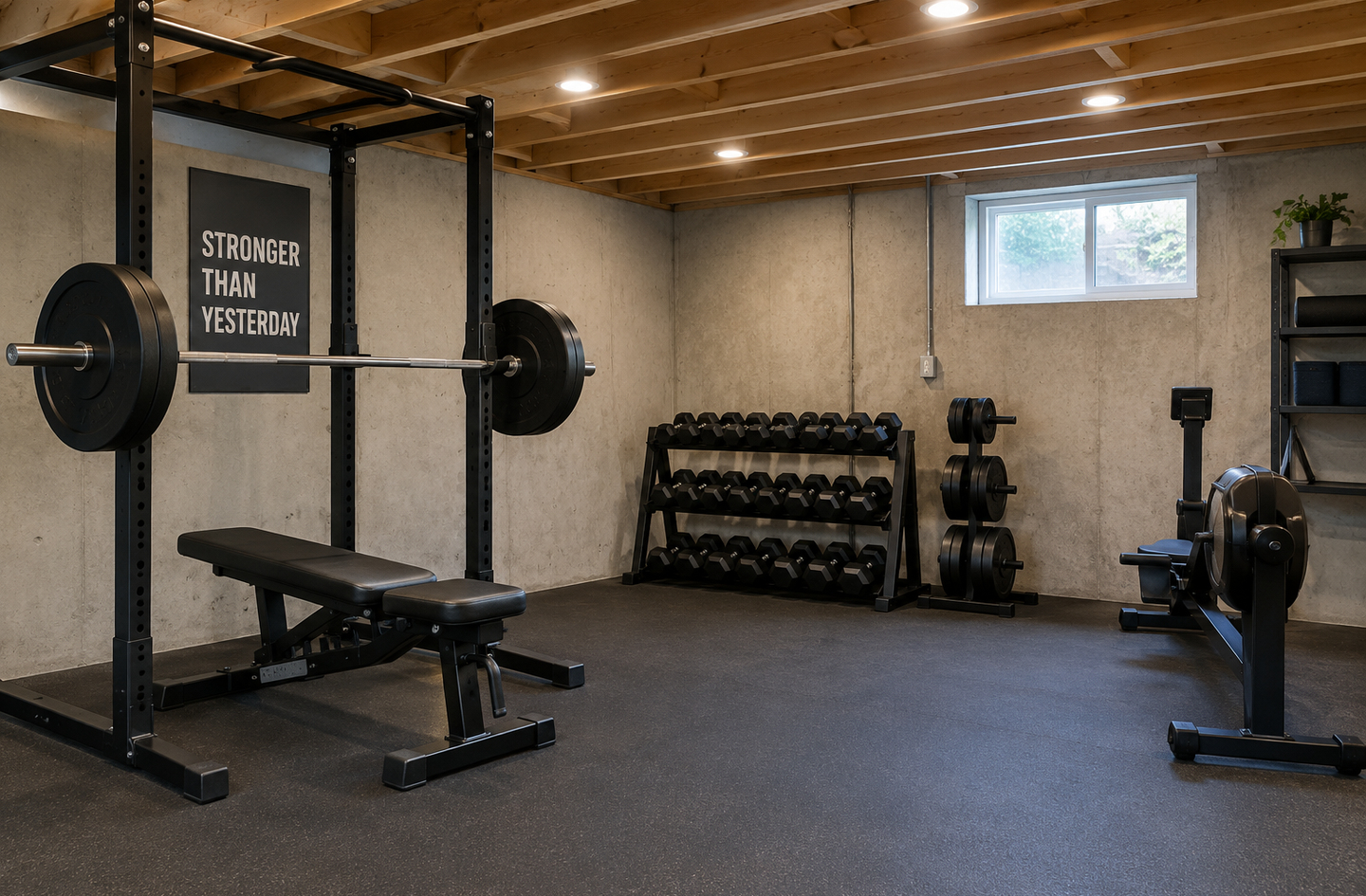 A basement home gym with a weight rack and adjustable bench, a dumbbell rack of hex weights and a rowing machine on a black mat, under an unfinished wooden ceiling with recessed lighting.
