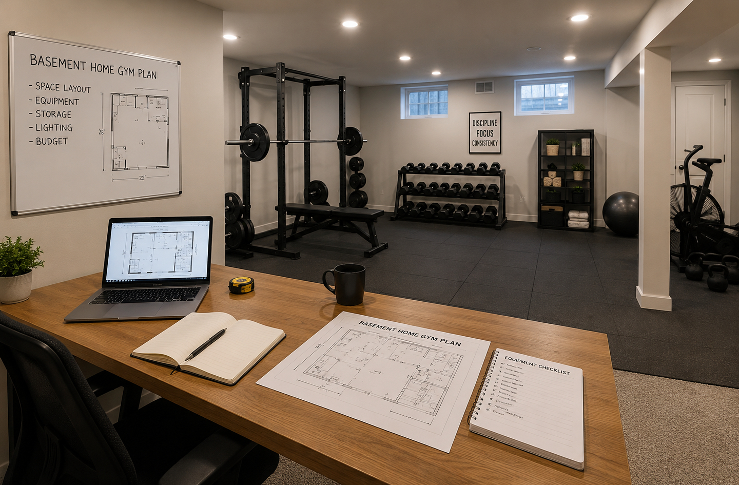 An exercise equipment home gym buying order taking shape on a desk with a laptop, notebook and floor plan, in front of a basement lifting area with a power rack, dumbbell rack and rubber flooring.