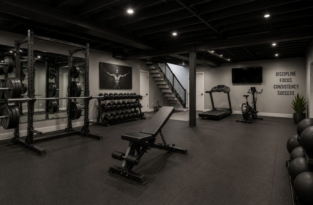 Basement gym planning example: a basement home gym with a power rack, weight bench, dumbbell rack, treadmill, and stationary bike on gym flooring under recessed lighting