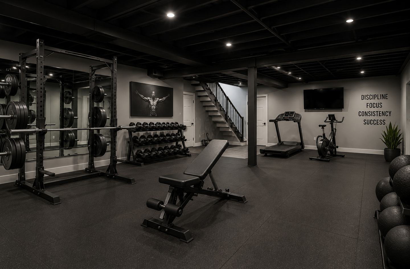 Basement gym planning example: a basement home gym with a power rack, weight bench, dumbbell rack, treadmill, and stationary bike on gym flooring under recessed lighting
